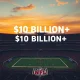 A vibrant stadium illuminated by a $10 billion valuation projection, symbolizing the extraordinary growth in NFL team valuations.