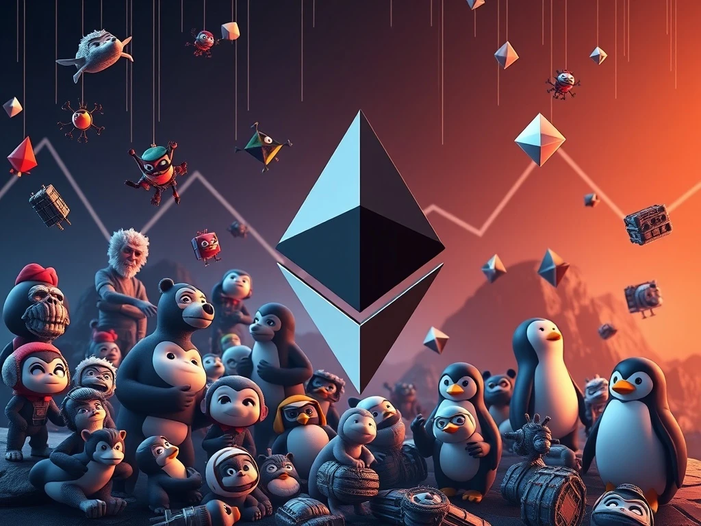 Chart showing a significant decline in the **NFT market cap** following a drop in Ethereum's price, with various NFT collection logos representing the impact.
