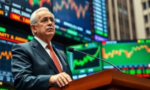 Nobel economist analyzing stock market trends and economic indicators with concerned expression