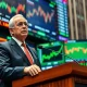 Nobel economist analyzing stock market trends and economic indicators with concerned expression