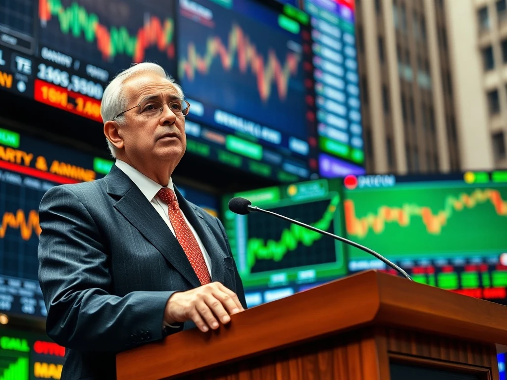 Nobel economist analyzing stock market trends and economic indicators with concerned expression