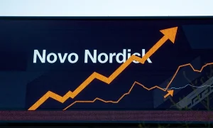 A visual representation of Novo Nordisk shares increasing on a stock market chart, symbolizing the positive impact of the new Wegovy approval.