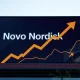 A visual representation of Novo Nordisk shares increasing on a stock market chart, symbolizing the positive impact of the new Wegovy approval.