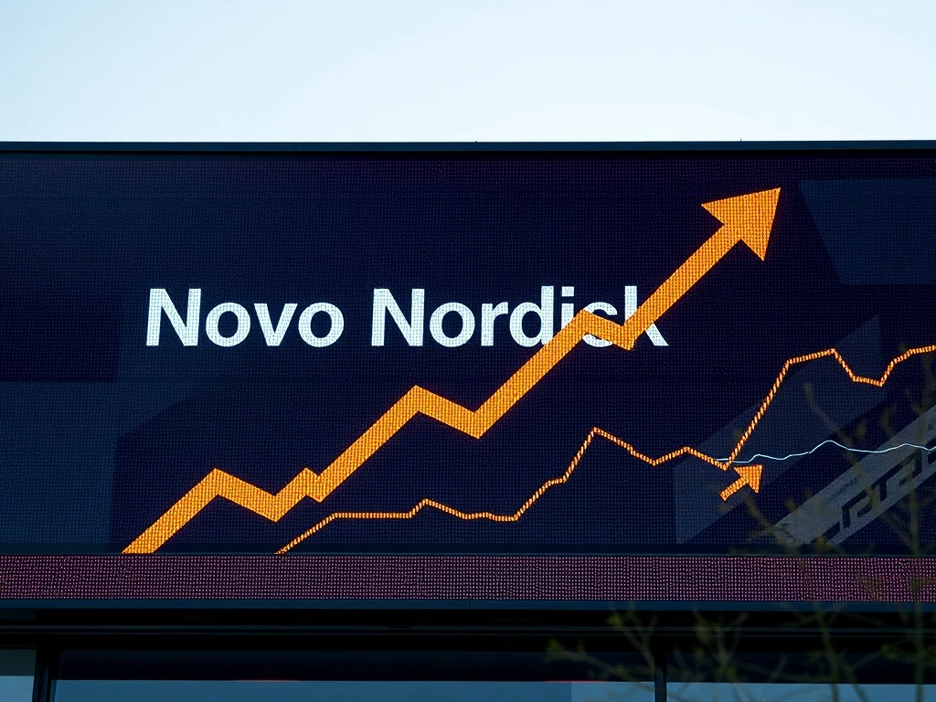 A visual representation of Novo Nordisk shares increasing on a stock market chart, symbolizing the positive impact of the new Wegovy approval.
