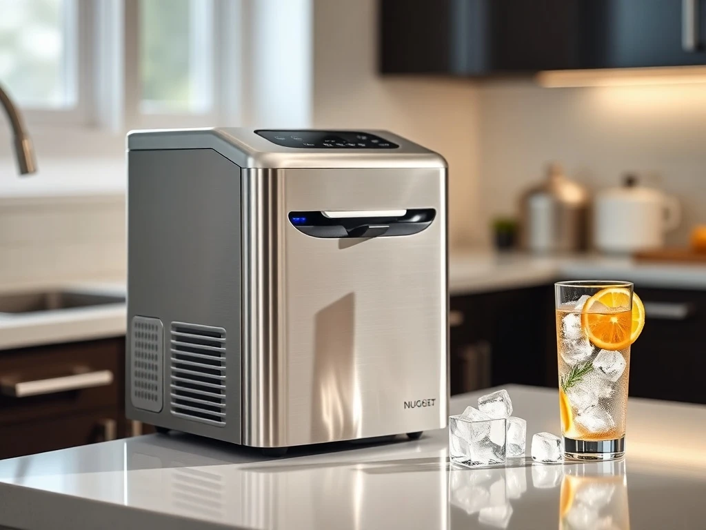A sleek, stainless steel nugget ice maker for home on a kitchen counter, dispensing perfect chewable ice into a glass.