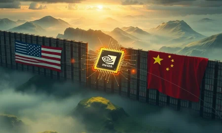 A visual metaphor showing the complex interplay of US policy, China's AI ambitions, and its impact on Nvidia's market strategy.