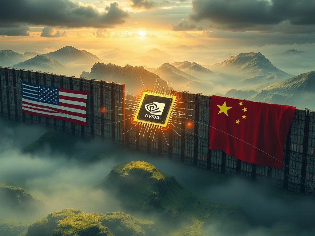 A visual metaphor showing the complex interplay of US policy, China's AI ambitions, and its impact on Nvidia's market strategy.