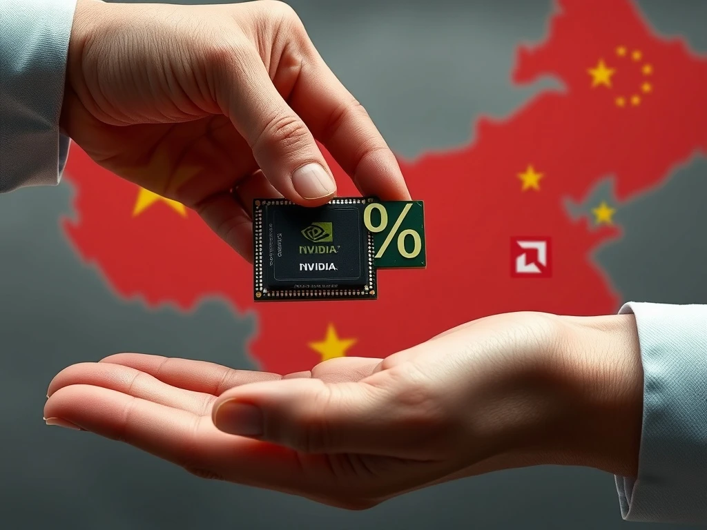 Visualizing the impact of the reported 15% U.S. government share on **Nvidia AMD China revenue** from chip sales.