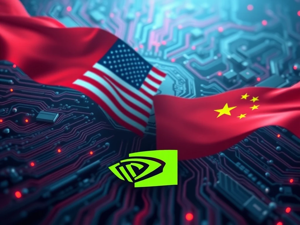 Illustrates the complex geopolitical impact of US AI policy on Nvidia China, showing a tangled web of tech and trade.