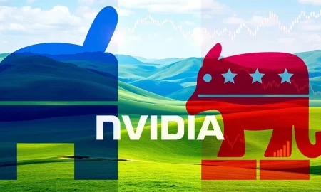 A visual representation showing Nvidia's corporate influence intersecting with political symbols, illustrating the analysis of Nvidia Political Donations and corporate political giving.