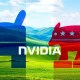 A visual representation showing Nvidia's corporate influence intersecting with political symbols, illustrating the analysis of Nvidia Political Donations and corporate political giving.