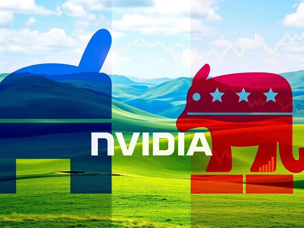 A visual representation showing Nvidia's corporate influence intersecting with political symbols, illustrating the analysis of Nvidia Political Donations and corporate political giving.