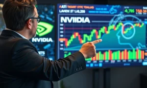 Financial analyst discussing Nvidia stock potential with AI technology backdrop