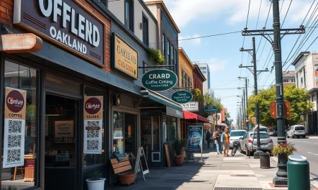 A bustling Oakland street scene demonstrating how a small business integrates technology for growth and community connection.