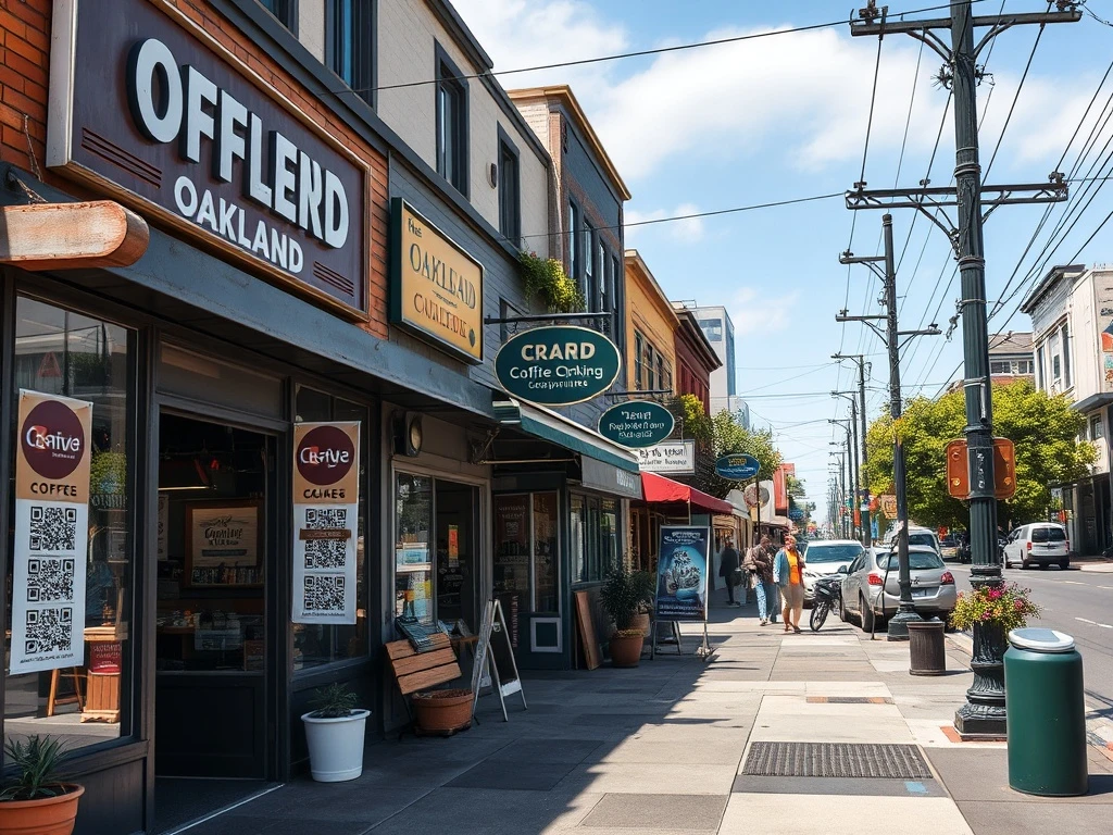 A bustling Oakland street scene demonstrating how a small business integrates technology for growth and community connection.