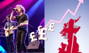 Oasis inflation effect on UK economic data showing concert crowds and rising charts