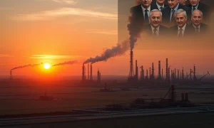 Geopolitical meeting's potential impact on global Oil prices, symbolized by a vast oil field.