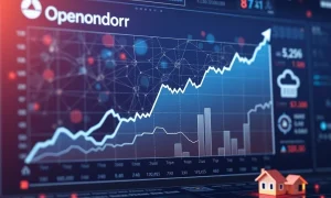 A digital representation of Opendoor stock data overlaid with AI circuitry, symbolizing the company's reliance on artificial intelligence to influence its market performance.