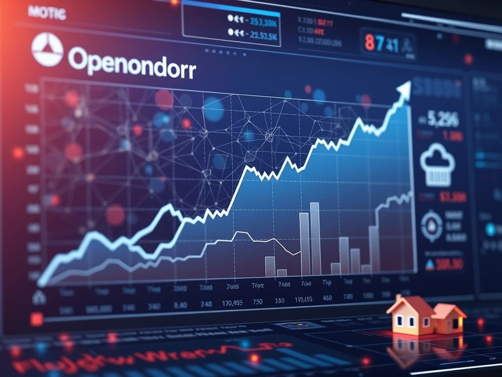 A digital representation of Opendoor stock data overlaid with AI circuitry, symbolizing the company's reliance on artificial intelligence to influence its market performance.