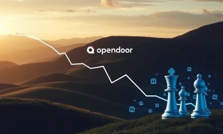 A chart showing a significant drop in Opendoor stock, with an upward arrow symbolizing potential recovery through strategic pivots.