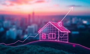 A digital graph showing a significant upward trend, symbolizing the surging Opendoor stock amidst a modern real estate technology backdrop.