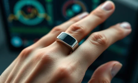 A close-up of the Optim Ring, a sleek smart ring designed for advanced biometric tracking and optimizing personal health.