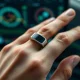 A close-up of the Optim Ring, a sleek smart ring designed for advanced biometric tracking and optimizing personal health.