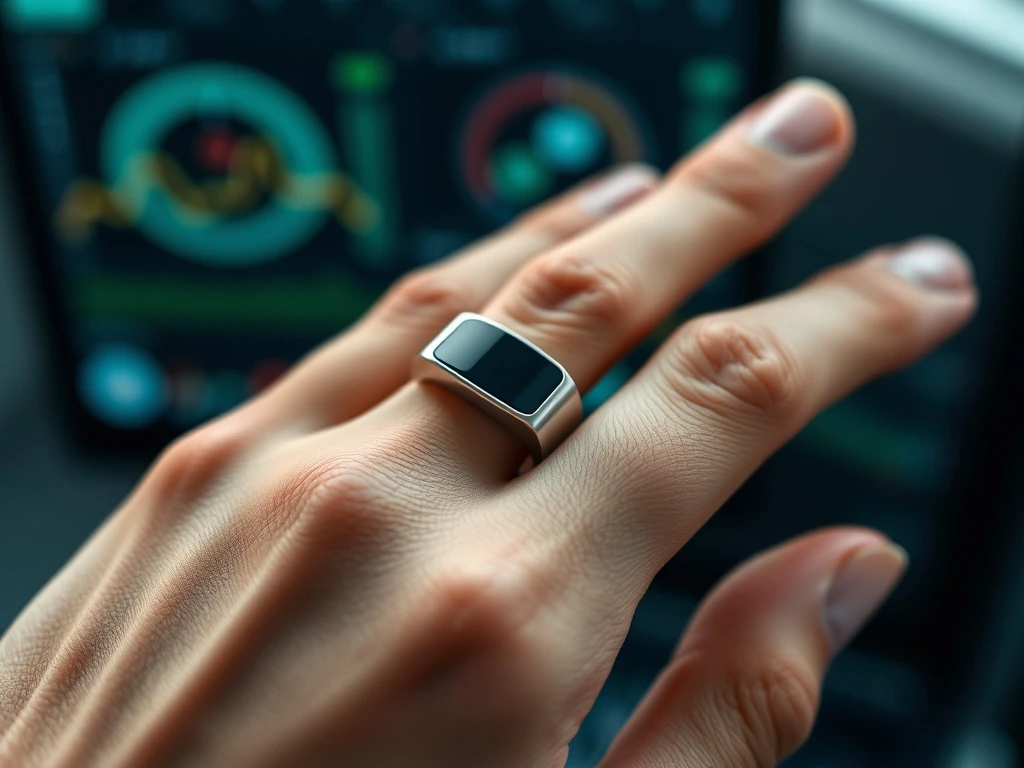 A close-up of the Optim Ring, a sleek smart ring designed for advanced biometric tracking and optimizing personal health.