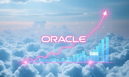 A visual representation of financial growth and cloud technology, illustrating the potential for Oracle stock to reach a trillion-dollar valuation.