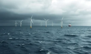 A struggling offshore wind farm with incomplete turbines, representing the financial challenges faced by Orsted US wind projects.