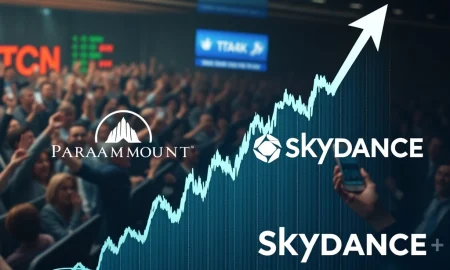 A surging stock chart for Paramount Skydance Stock, reflecting its record rally and meme-stock comparisons.
