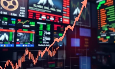 A rising financial chart representing the significant surge in Paramount stock, with elements suggesting a rapid market rally.