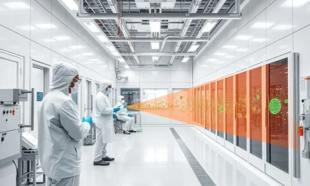 Advanced particle contamination control in modern cleanroom facility with technicians monitoring air quality