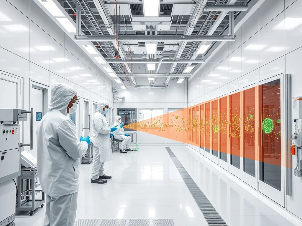 Advanced particle contamination control in modern cleanroom facility with technicians monitoring air quality