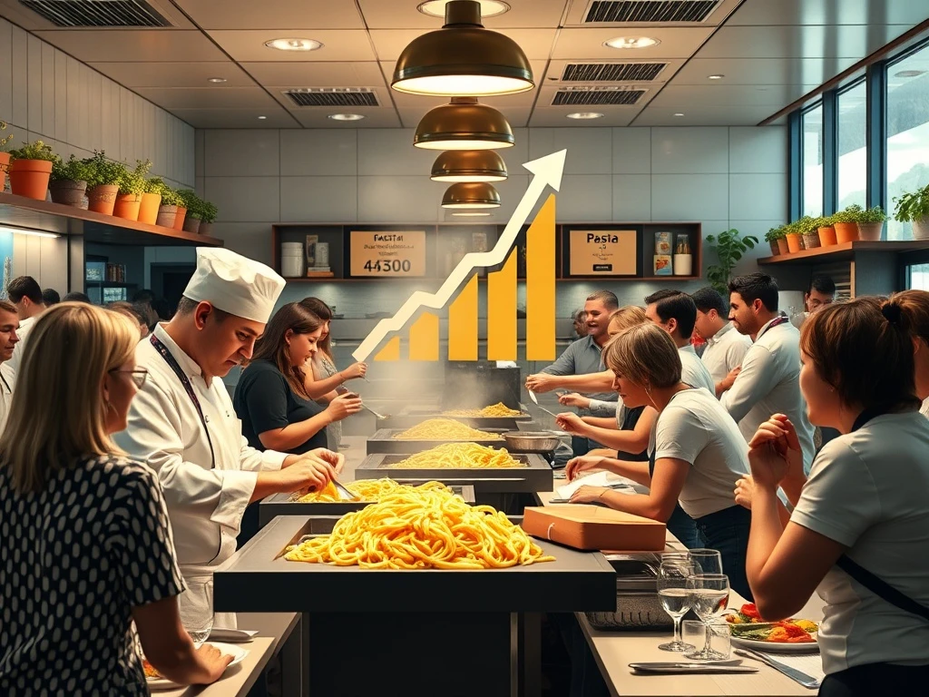 Dynamic scene depicting the significant expansion of Pasta Evangelists, symbolizing job creation and growth in the UK hospitality sector.