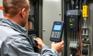 Engineer using PCE-PA 8000 power analyser for electrical system efficiency and safety measurements
