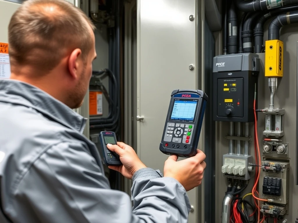 Engineer using PCE-PA 8000 power analyser for electrical system efficiency and safety measurements