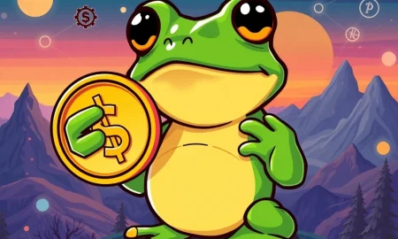 Pepe Dollar crypto coin emerging from a decentralized network, symbolizing its role in the meme economy revolution.