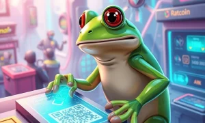 A cartoon frog character (Pepe) standing confidently amidst a futuristic digital payment system, symbolizing the innovative Pepe Dollar ETH Layer-2 Pay-Fi economy.