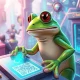 A cartoon frog character (Pepe) standing confidently amidst a futuristic digital payment system, symbolizing the innovative Pepe Dollar ETH Layer-2 Pay-Fi economy.