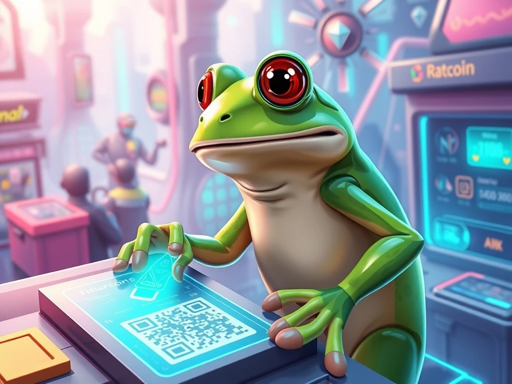 A cartoon frog character (Pepe) standing confidently amidst a futuristic digital payment system, symbolizing the innovative Pepe Dollar ETH Layer-2 Pay-Fi economy.