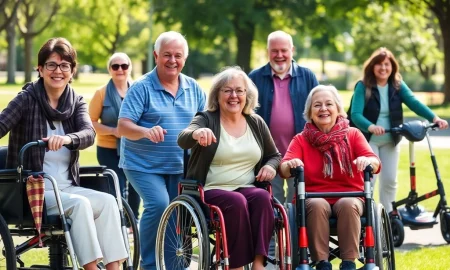 People using various personal mobility aids to achieve independent living outdoors.