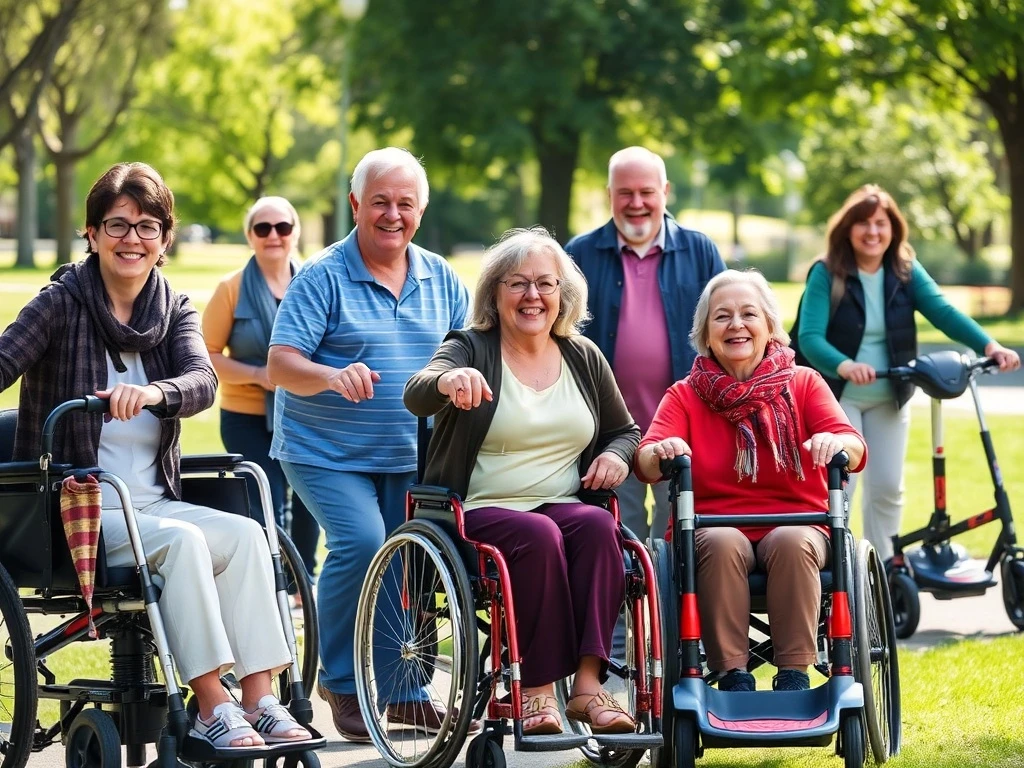 People using various personal mobility aids to achieve independent living outdoors.