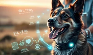 A dog wearing a smart collar, symbolizing the transformative impact of Pet Healthcare AI on animal well-being through advanced monitoring.