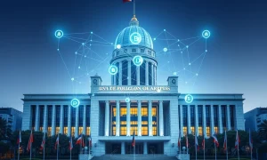 Philippine government building with transparent blockchain government budget visualization showing fund flows