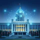 Philippine government building with transparent blockchain government budget visualization showing fund flows