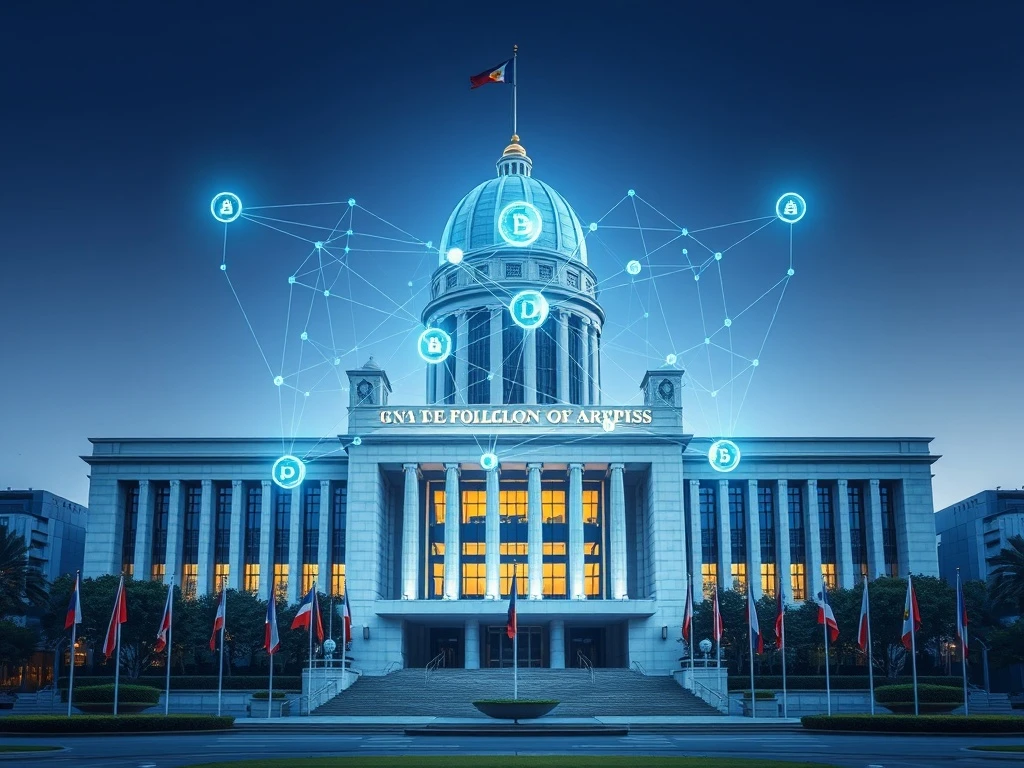 Philippine government building with transparent blockchain government budget visualization showing fund flows