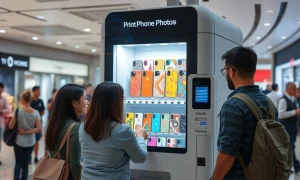 Modern phone case printing vending machine creating custom designs for customers in retail environment