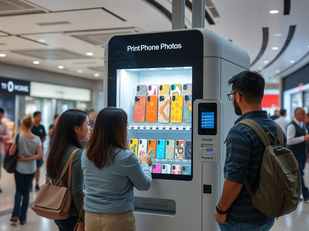 Modern phone case printing vending machine creating custom designs for customers in retail environment
