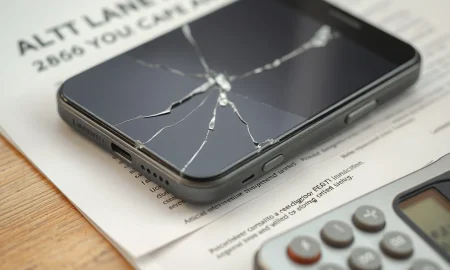 Documents and a calculator surround a broken smartphone, illustrating the financial struggles leading to a Phone Service Provider Bankruptcy.
